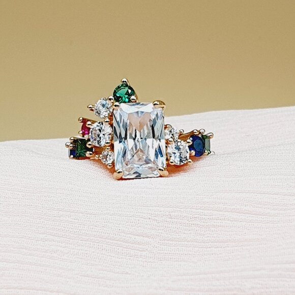 💎 Trendy Colourful Gemstone Dainty Large Rectangle Gold Rings  Women, INDN8511 - Picture 11 of 11